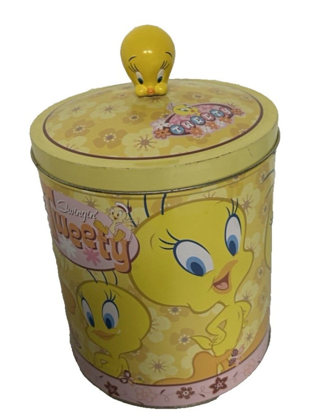 Swingin Tweety Bird Tin Box Company Canister Jar Warner Bros. Yellow Flower Y2K